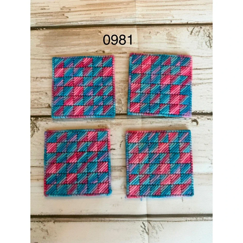 Handmade Needlepoint Coasters Set of 4 Pink Blue Purple Plastic Canvas Felt Back
